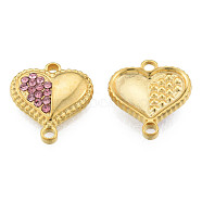 304 Stainless Steel Connector Charms, with Light Rose Rhinestone, Heart, Real 18K Gold Plated, 14x13x3mm, Hole: 1.2mm & 1.6mm(STAS-N098-151LG)