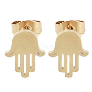 Vacuum Plating 304 Stainless Steel Stud Earrings for Women, Hollow Hamsa Hand, Golden, 10.5x8.5mm(EJEW-A048-26G)