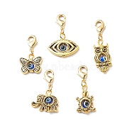 Alloy Pendant Decoration, with Resin Beads, Animal Lobster Clasp Charms, Clip-on Charms, for Keychain Bag, Butterfly/Owl/Turtle/Elephant with Evil Eye, Golden, 29~38mm(HJEW-JM00803)