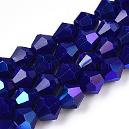 Opaque Solid Color Electroplate Glass Beads Strands, AB Color Plated, Faceted, Bicone, Dark Blue, 6x5.5mm, Hole: 1.2mm, about 45~47pcs/strand, 10.24~10.63 inch(26~27cm)(EGLA-A039-P6mm-L10)