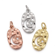 Hammered Brass Micro Pave Clear Cubic Zirconia Pendants, with Jump Rings, Long-Lasting Plated, Oval with Star & Moon, Mixed Color, 18x10x2mm, Hole: 3mm(KK-F821-20)