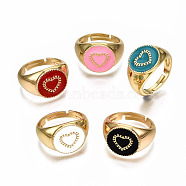 Adjustable Brass Enamel Finger Rings, Nickel Free, Flat Round with Heart, Real 16K Gold Plated, Mixed Color, US Size 7 1/4(17.5mm)(RJEW-N035-021-NF)