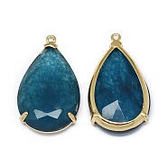 Natural Jade Pendants, with Brass Findings, Faceted, teardrop, Dyed, Golden, Prussian Blue, 31.5~32.5x18~18.5x5.5~6mm, Hole: 1.4mm(G-E526-08G)