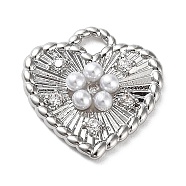 Rack Plating Brass Micro Pave Cubic Zirconia and Plastic pearl Pendants, Heart Charms, Long-Lasting Plated, Cadmium Free & Lead Free, Heart, Platinum, 14.5x14x3mm, Hole: 2x2.3mm(KK-Q786-07P)