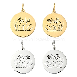 2Pcs 2 Colors Stainless Steel Pendants, with Jump Ring, Laser Cut, Flat Round with Flower Grass Charm, Golden & Stainless Steel Color, 20x18mm, 1pc/color(STAS-YW0011-15)
