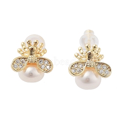 Natural Pearl Ear Studs, with Brass Micro Pave Cubic Zirconia Findings and 925 Sterling Silver Pins, Bees, Real 14K Gold Plated, 11.5x10mm(EJEW-P256-54G)