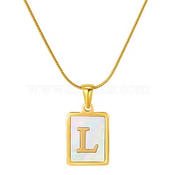 Stainless Steel Snake Bone Chain Alphabet Necklace with Shell Pendant, Letter L, Golden(WD3660-12)