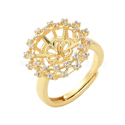 Flower Brass Micro Pave Cubic Zirconia Adjustable Ring Settings, for Half Drilled Beads, Rack Plating, Long-Lasting Plated, Lead Free & Cadmium Free, Golden, US Size 7 1/4(17.5mm), Tray: 18mm, Pin: 3x1mm(KK-K297-12G)