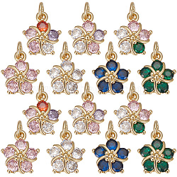 15Pcs 5 Colors Brass Cubic Zirconia Pendants, with Jump Ring, Real 18K Gold Plated, Flower Charm, Mixed Color, 12.5x10.5x4mm, Hole: 3.5mm, 3pcs/color(ZIRC-BBC0001-89)