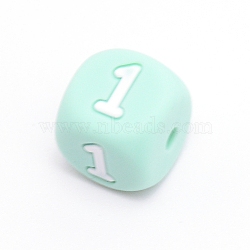 Silicone Beads, for Bracelet or Necklace Making, Arabic Numerals Style, Aquamarine Cube, Num.1, 10x10x10mm, Hole: 2mm(SIL-TAC001-02A-1)