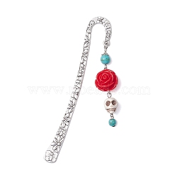 Skull Rose Resin & Synthetic Turquoise Charm Bookmarks, Alloy Hook Bookmarks, Antique Silver, 124mm(AJEW-JK00326)