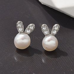 925 Sterling Silver Micro Pave Clear Cubic Zirconia Stud Earrings for Women, with ABS Imitation Pearl, Rabbit, Platinum, 10x7mm(EJEW-K303-02B-P)