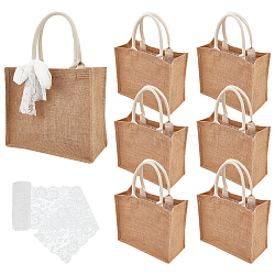 8Pcs Rectangle Burlap Tote Bags, Reusable Canvas Shopping Grocery Bags with Handles, for Woman, with 1 Yard Elastic Lace Trim, Tan, 44.2cm, Bag: 27.1x31.3x13.8cm(ABAG-NB0002-04A)