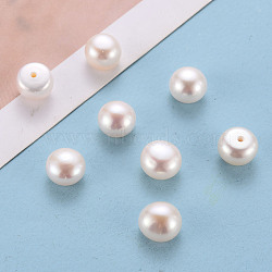 Grade AAA Natural Cultured Freshwater Pearl Beads, Half Drilled, Flat Round, White, 8~8.5x6mm, Half Hole: 1mm(PEAR-N020-01A)
