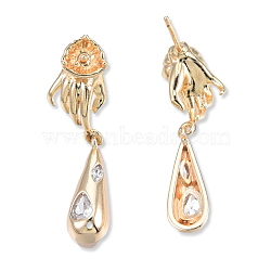 Brass Pave Clear Cubic Zirconia Hand with Teardrop Dangle Stud Earring Findings, for Half Drilled Beads, Cadmium Free & Nickel Free & Lead Free, Real 18K Gold Plated, 27.5mm, Pin: 0.8mm(KK-N232-477LG-B)