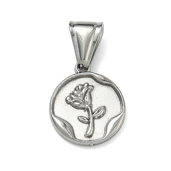 304 Stainless Steel Pendants, Flat Round with Rose Flower Medallion Charm, Stainless Steel Color, 18x15x2mm, Hole: 4x9mm