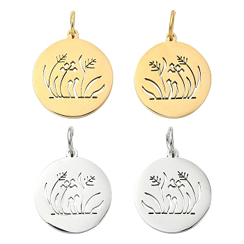 2Pcs 2 Colors Stainless Steel Pendants, with Jump Ring, Laser Cut, Flat Round with Flower Grass Charm, Golden & Stainless Steel Color, 20x18mm, 1pc/color