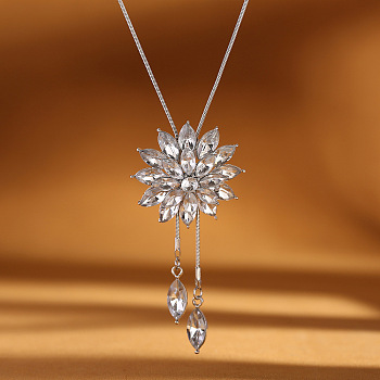 Flower Alloy Crystal Rhinestone Long Tassel Y Necklaces for Women, Platinum, 33.46 inch(85cm)