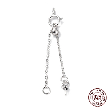 Rhodium Plated 925 Sterling Silver Ends with Chains, Slider Beads, Spring Clasps and Peg Bails, Real Platinum Plated, 37mm, Hole: 1.8mm