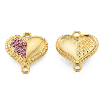 304 Stainless Steel Connector Charms, with Light Rose Rhinestone, Heart, Real 18K Gold Plated, 14x13x3mm, Hole: 1.2mm & 1.6mm