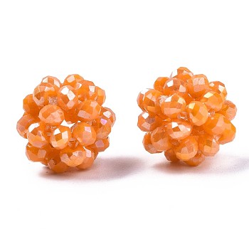 Electroplate Opaque Glass Round Woven Beads, Cluster Beads, AB Color Plated, Faceted, Dark Orange, 12~13mm, Hole: 1.5mm, Beads: 3.5x2.5mm