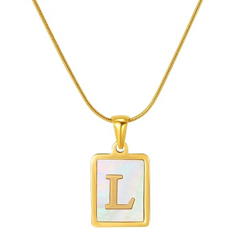 Stainless Steel Snake Bone Chain Alphabet Necklace with Shell Pendant, Letter L, Golden