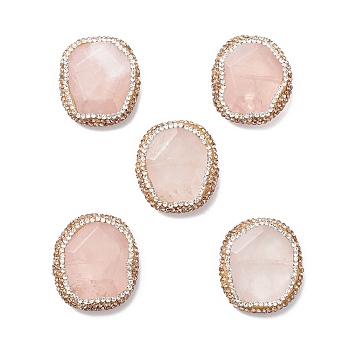 Natural Rose Quartz Beads, with Polymer Clay Rhinestone, Faceted, Nuggets, 29.5~31x26~27x7~9mm, Hole: 1mm