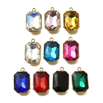 304 Stainless Steel Pendants, with Rhinestone, Real 18K Gold Plated, Ion Plating(IP), Rectangle, Mixed Color, 18.5x11.5x5.5mm, Hole: 1.8mm