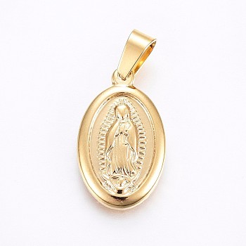 304 Stainless Steel Lady of Guadalupe Pendants, Oval with Virgin Mary, Golden, 23x14x3mm, Hole: 7x4mm