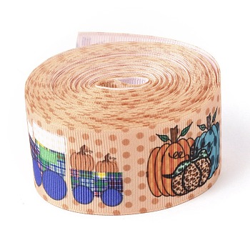 Autumn Theme Polyester Grosgrain Ribbon, Single Face Printed Pattern, for DIY Handmade Craft, Festival Party, Gift Decoration , Pumpkin Pattern, 1-1/2 inch(38mm), 10 yards/roll(9.14m/roll)