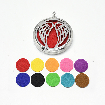Alloy Diffuser Locket Pendants, with Wing 304 Stainless Steel Findings and Random Single Color Non-Woven Fabric Cabochons Inside, Magnetic, Flat Round, Random Single Color, 39.5x34x6.5mm, Hole: 3.5mm