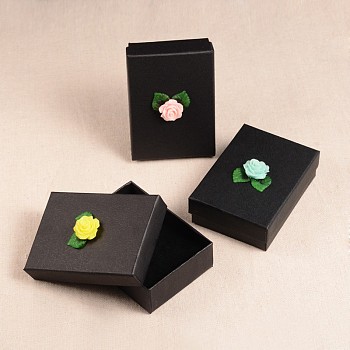 Rectangle Black Cardboard Jewelry Box, with Resin Flower and Acrylic Leaf, Mixed Color, 91x66x29mm