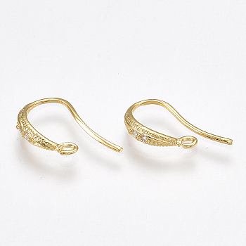 Brass Earring Hooks, with Cubic Zirconia and Horizontal Loop, Real 18K Gold Plated, 14~16x9x2.5mm, Hole: 0.8mm, Pin: 0.8mm