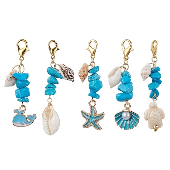 5Pcs 5 Styles Alloy Enamel & Shell Pendant Decoraiton, Synthetic Turquoise Chip Beads and Alloy Lobster Claw Clasps Charm, Mixed Shapes, 48~59.5mm, 1pc/style