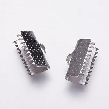 304 Stainless Steel Ribbon Crimp Ends, Rectangle, Stainless Steel Color, 9.5x15mm, Hole: 1.5x4mm