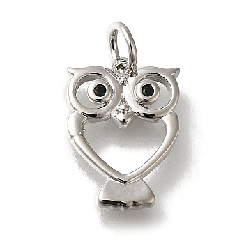 Owl Rack Plating Brass Micro Pave Cubic Zirconia Pendant, with Jump Rings, Lead Free & Cadmium Free, Long-Lasting Plated, Black, Platinum, 15x11x2mm