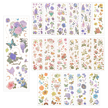 18 Sheets 6 Style Waterproof PET Flower Pattern Self Adhesive Hot Stamping Stickers, DIY Hand Account Photo Album Decoration Sticker, Mixed Color, 18x6x0.01cm, Stickers: 4~61x4~59mm, 3 Sheets/style