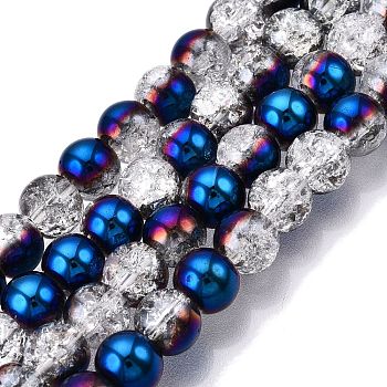 Electroplated Crackle Glass Beads Strands, Half Plated, Round, Blue, 6~6.5mm, Hole: 1~1.2mm, about 65~67pcs/strand, 14.76~15.16 inch(37.5~38.5cm)