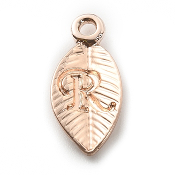 Alloy Pendants, Leaf with Letter Charm, Rose Gold, Letter.R, 15.5x7.5x2.5mm, Hole: 1.5mm