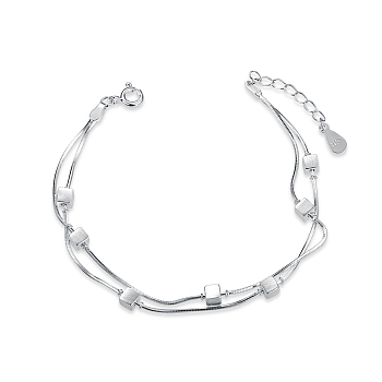 SHEGRACE Sparkling Rhodium Plated 925 Sterling Silver Double Layered Bracelet, with Wiredrawing Cube Beads, Platinum, 160mm