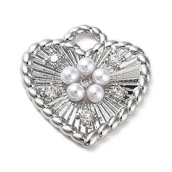 Rack Plating Brass Micro Pave Cubic Zirconia and Plastic pearl Pendants, Heart Charms, Long-Lasting Plated, Cadmium Free & Lead Free, Heart, Platinum, 14.5x14x3mm, Hole: 2x2.3mm