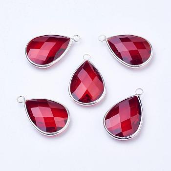 Silver Color Plated Brass Glass Teardrop Pendants, Faceted, Dark Red, 18x10x5mm, Hole: 2mm