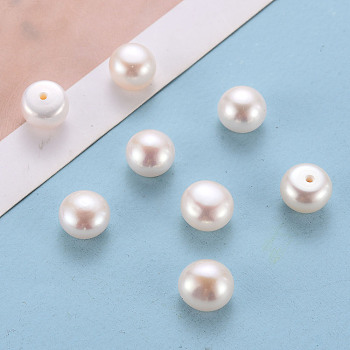 Grade AAA Natural Cultured Freshwater Pearl Beads, Half Drilled, Flat Round, White, 8~8.5x6mm, Half Hole: 1mm
