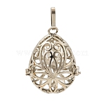 Brass Cage Pendants, For Chime Ball Pendant Necklaces Making, Cadmium Free & Lead Free, Teardrop, Platinum, 45mm, Hole: 5x9mm, inner size: 28x19mm(KK-G283-03P)