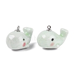 Handmade Porcelain Pendants, Whale Charms, with Brass Loops, Hand Painted, Famille Rose Porcelain, Platinum, Light Green, 19~19.5x25~26x16.5~17mm, Hole: 1.6mm(PORC-N013-17A)