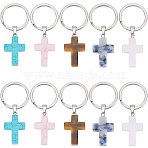 10Pcs 5 Styles Gemstone Keychains, with 304 Stainless Steel Split Key Rings, Cross, 5.6cm, Cross: 37.5x18x5.5mm, 2pcs/style(KEYC-CP0001-48)