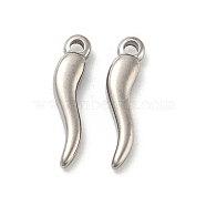 304 Stainless Steel Pendants, Horn of Plenty/Italian Horn Cornicello Charms, Stainless Steel Color, 15.5x3.5x2.5mm, Hole: 1.2mm(STAS-L022-213P)