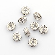 Brass Rhinestone Spacer Beads, Grade AAA, Straight Flange, Nickel Free, Platinum Metal Color, Rondelle, Crystal, 8x3.8mm, Hole: 1.5mm(X-RB-A014-Z8mm-01P-NF)