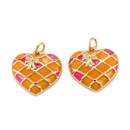 Brass Enamel Pendants, with Jump Rings, Long-Lasting Plated, Heart with Grid Pattern & Bowknot, Orange Red, Real 18K Gold Plated, 17x18x4.5mm, Hole: 3.5mm(KK-A155-13G)