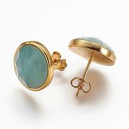 Natural Amazonite Ear Studs, with Brass Findings, Golden, Flat Round, 15mm, Pin: 0.8mm(EJEW-G197-B03)